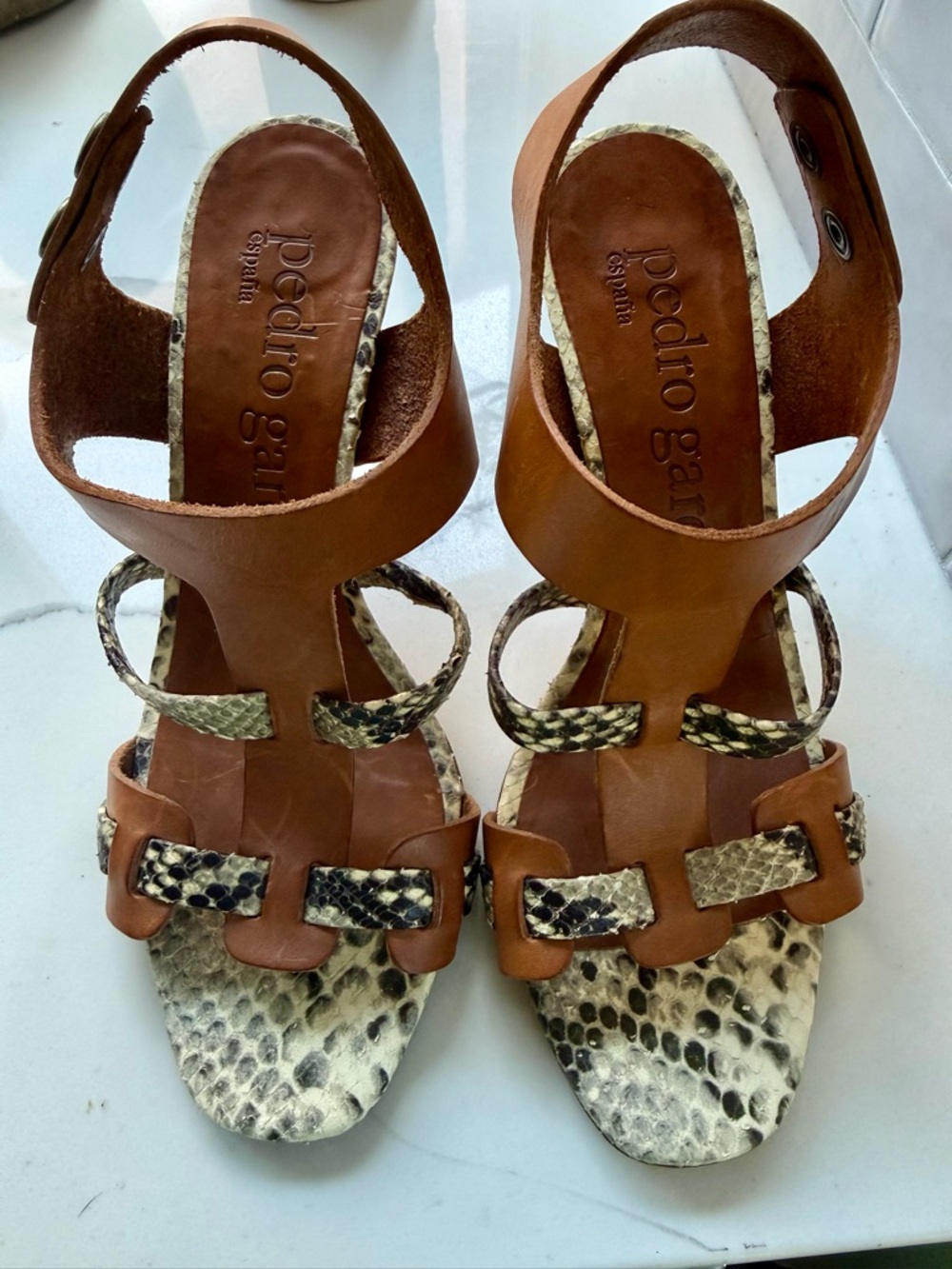 Pedro Garcia Tan Leather Sandals with Snakeskin Accents
